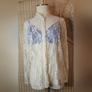 Ivory Floral Lace Buttondown Shirt, Sheer & Delicate Lace, By Envision Studio